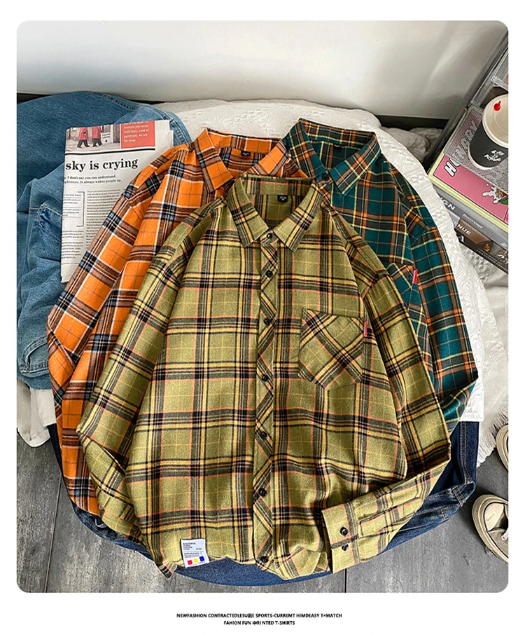 mens short sleeve button down Retro Plaid Blouses Men Spring New High Quality Long Sleeve Cotton Oversized Plaid Shirts Male Hip Hop Flannel Checked Shirts button up short sleeve shirts & tops