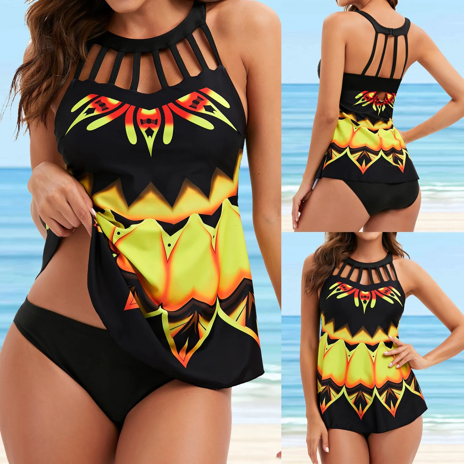 designer bikini sets Vintage Two Pieces Swimdress Set Women Bra Bathing Suit Tankini Push Up Swim Bikini Cross Bandage Swimwears Tankini Suits cheap bikini sets Bikini Sets