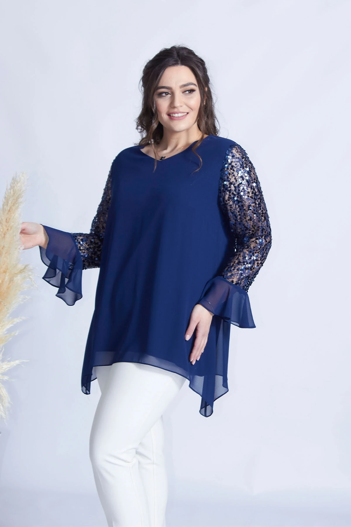 elegante de chifón con lentejuelas de encaje y mango azul para mujer, talla grande 44|Blusa| - AliExpress