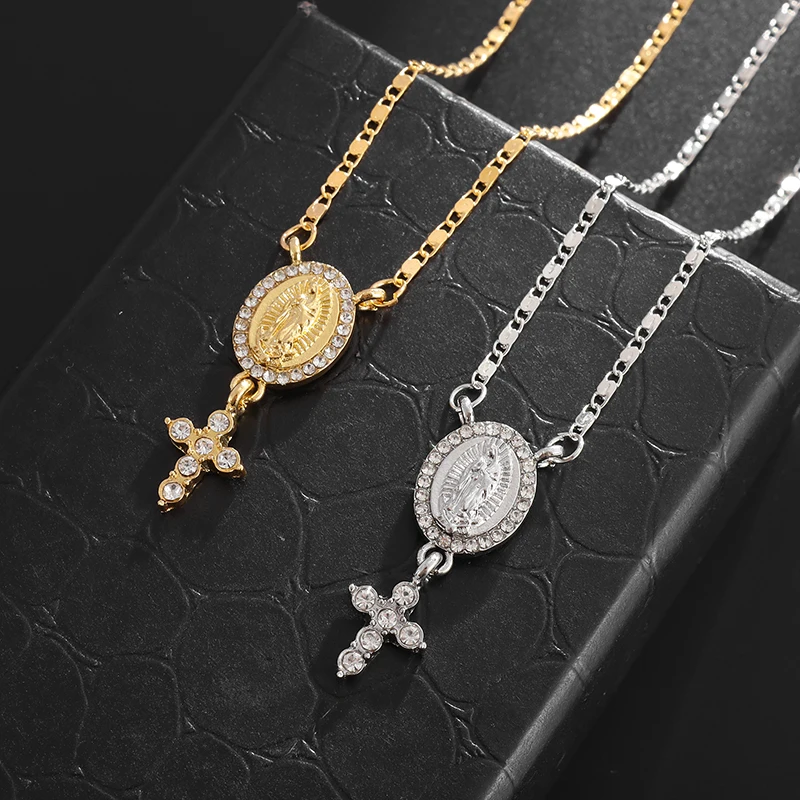 

Vintage Catholic Guadalupe Christian Cross Pendant Zircon Virgin Mary Amulet Necklace Women's Fashion Fine Jewelry Gift