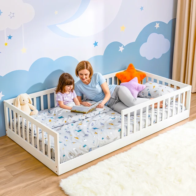 Lit au sol 95 x 200 cm, lit au sol de style Montessori, doté de barrières de sécurité et d'un sommier à lattes, capacité de charge jusqu'à 100 kg, adapté aux garçons et aux filles, lit enfant simple, blanc. 1