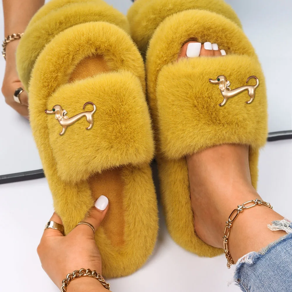 Women's Slippers Shoes Faux Fur Slides Cute Dachshund Decor Flat Sandals Designer Flip Flops Female Winter Plush Slippers 2022