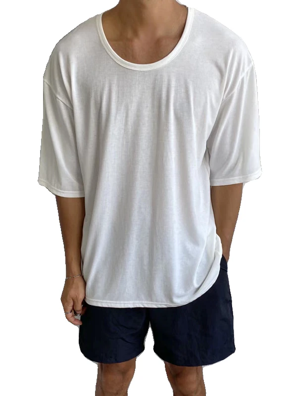 Laid-ba Sle Ice Silk Cotton Men's T-irt Loose Fit ort Sve Spor Pull-over Top Breathable Cool Feeling Summer Wear