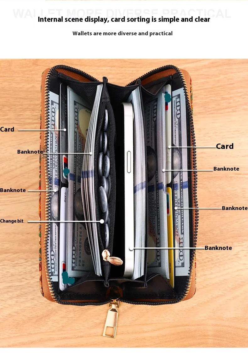 Bohemian multifunctional hand-held with multiple slots, wood grain wallet, artistic women's card bag, PU small bag_voghion.com