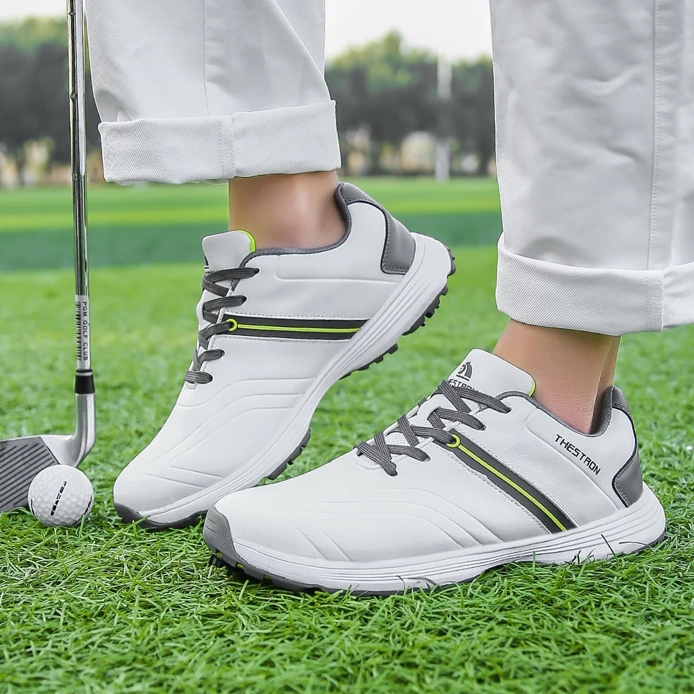 Professional Spikes Golf Shoes For Men White Leather Lace-up Golf Supplies Male Sneakers Waterproof Non-slip Men's Sports Shoes