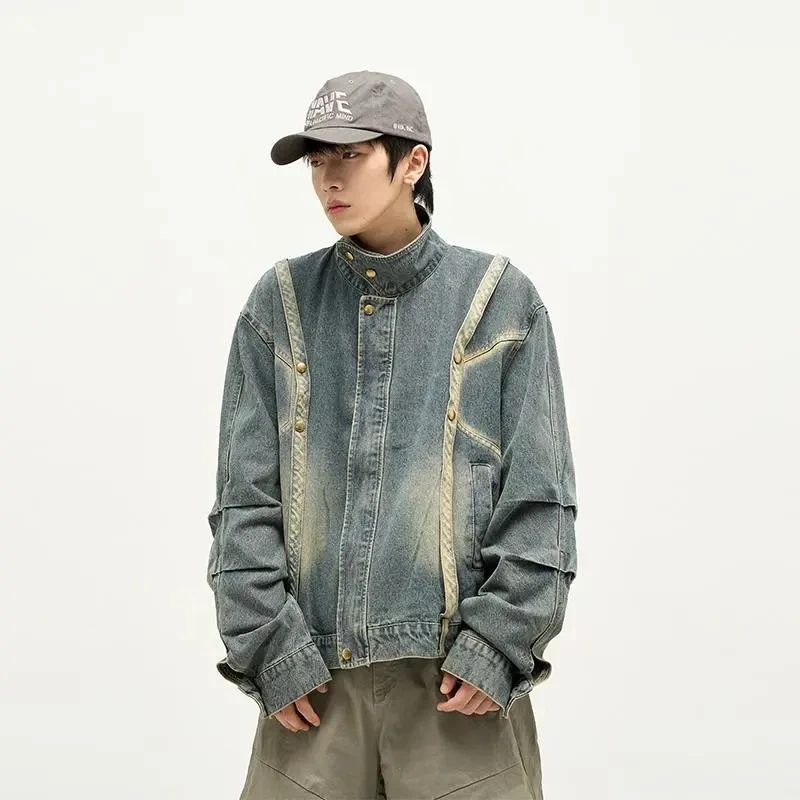 

American Vintage Denim Jacket Men Women Loose Harajuku Bomber Outwear Couple Spring Autumn Patchwork Casual Motorcycle Jackets