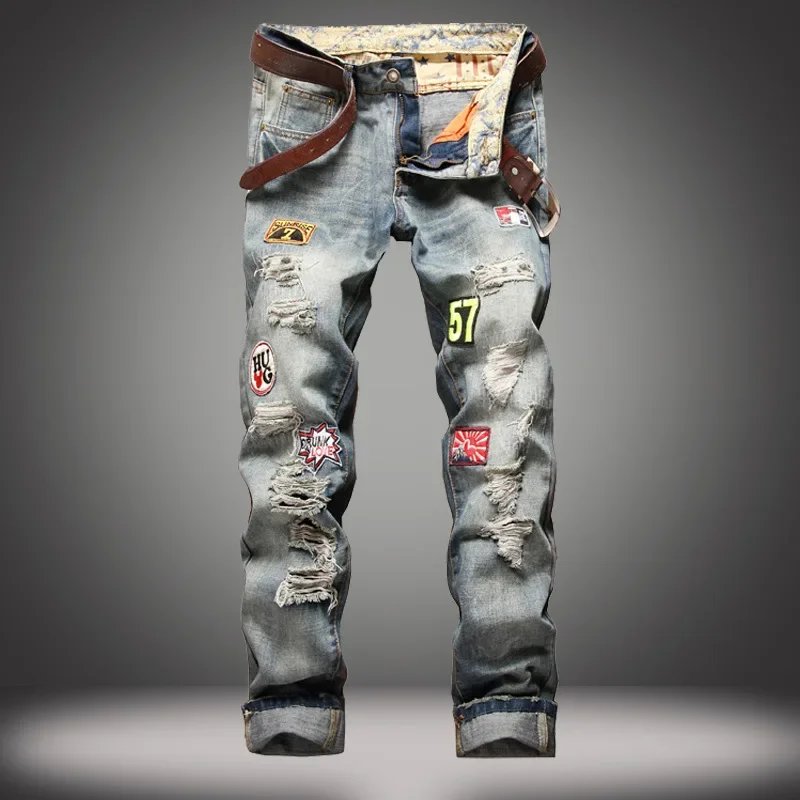 Motorcycle Jeans for Men ripped jeans (without Belt) Badge Distressed Straight-leg Slim-fit Ripped Denim Trousers Male