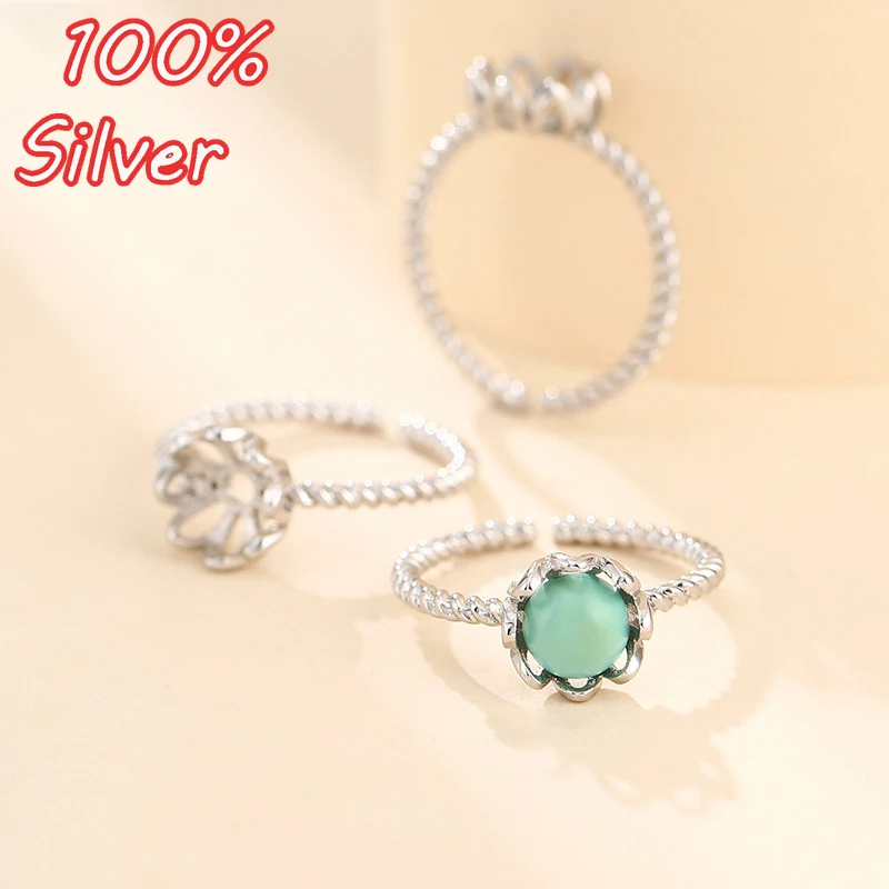 7x7mm S925 Sterling Silver Adjustable Blank Flower Ring Base For Cabochons Cameo Ring Jewelry