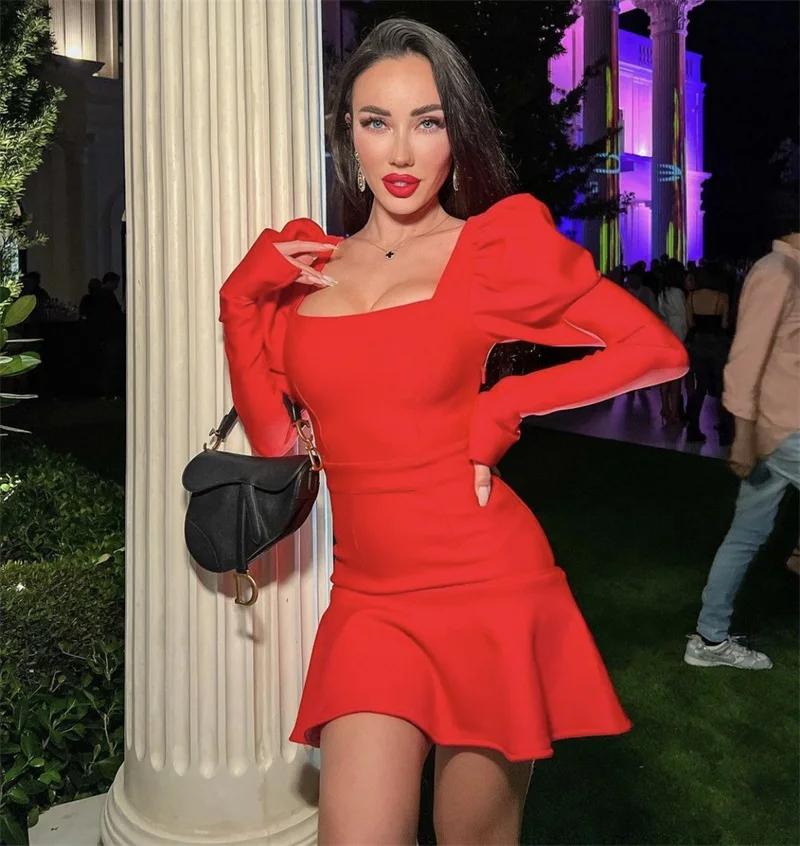 

Square Neck Women Prom Dress Elegant Bandage Solid Colored Party Gown Long Sleeve High Waist One Pace Skirt New Design In Stock
