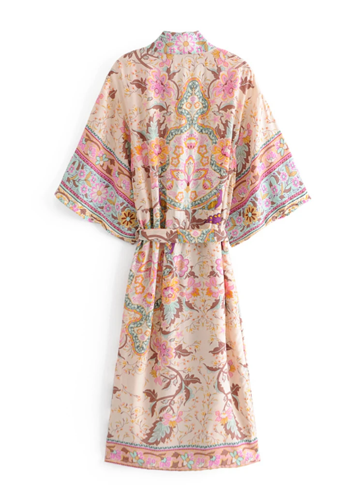 Beach Cover Boho Women Peacock Print Bat Sleeve Kimono Robe