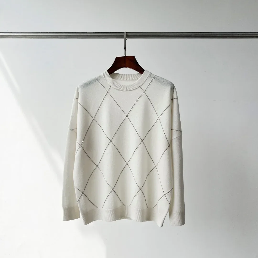 

Women Knitted Sweater Diamond Plaid Beading Decoration Casual 2023 Fall Winter 100% Cashmere O-neck Jumpers