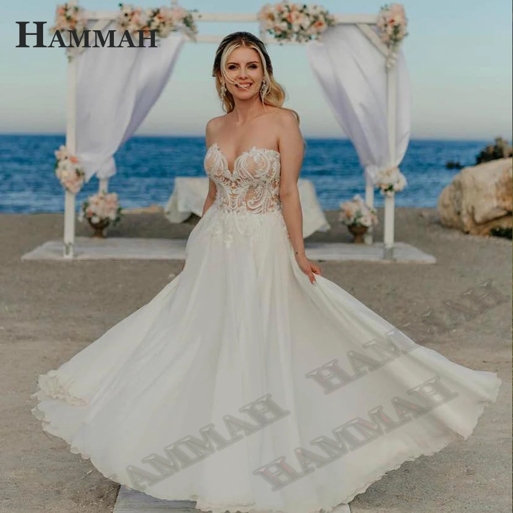 

HAMMAH Sweetheart Chiffon A Line Wedding Dresses For Mariages Sleeveless Princess Zipper Illusion Appliques Floor Length