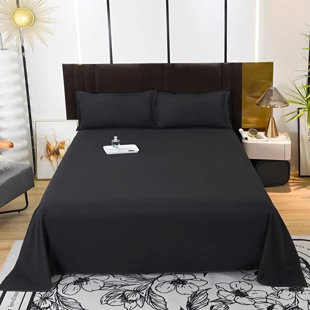 Drap de Lit en Coton Délavé Solide et Respectueux de la Peau pour Adulte, Drap pio Noir pour Document Queen/King, 1 Pièce 1
