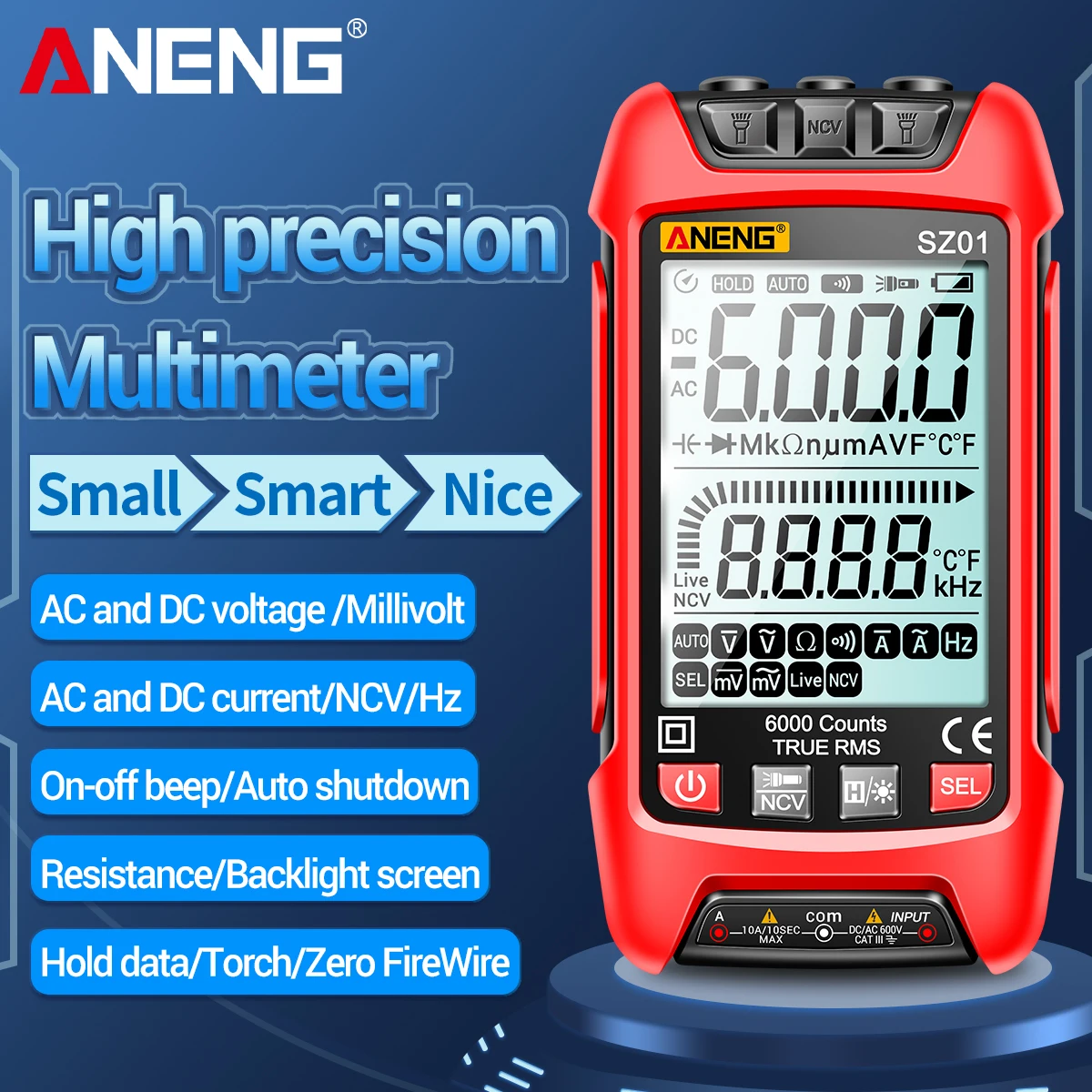 ANENG SZ01 Ʈ  Ƽ, 6000 īƮ, ڵ , True RMS, NCV  跮 ׽, а, , AC/DC 