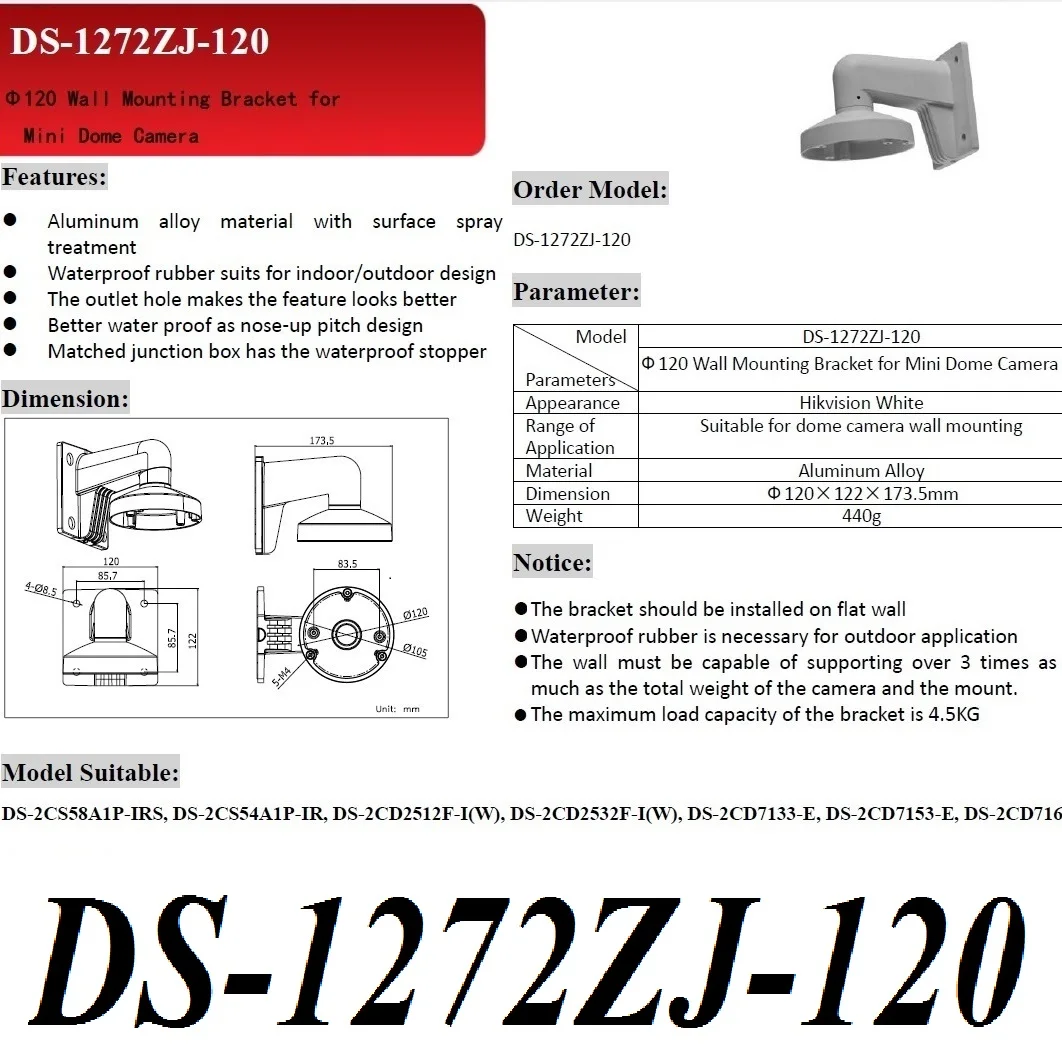 

Original DS-1272ZJ-120 Mini Dome Bracket Wall Mount Aluminum Alloy For Series DS-2CS58A1P, DS-2CD2512F-I, DS-2CD7153 etc.