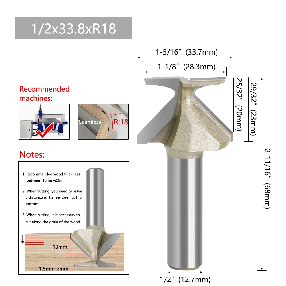 AURWOF 1 Stück 12,7 mm oder 1/2 Schaft Bogenbiegemesser Nahtloses goldenes Formmesser R18/30/50 Fräser für Holztüren/Wandschränke – Detail 2