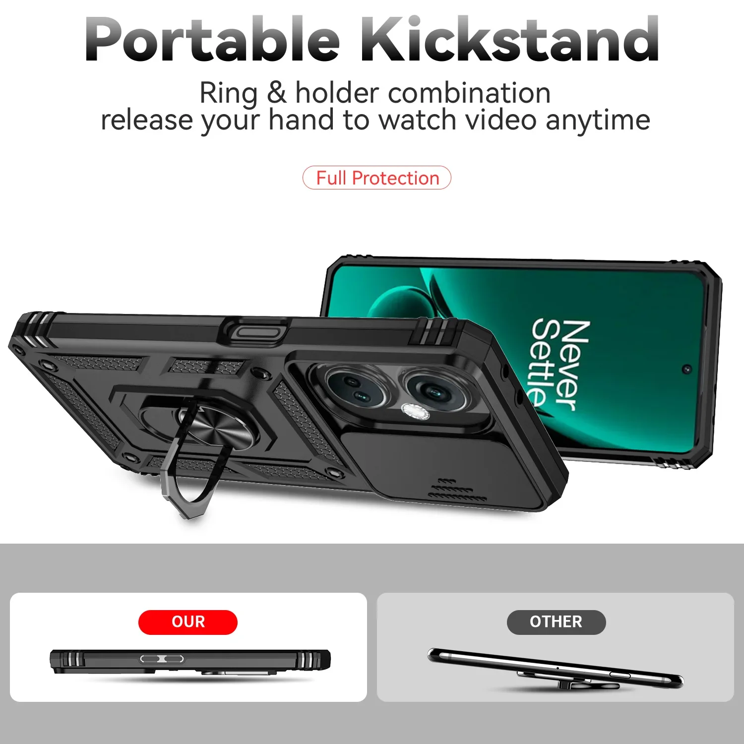Armor Shockproof Phone Case with Metal Ring Holder and Slide Camera Lens Protector