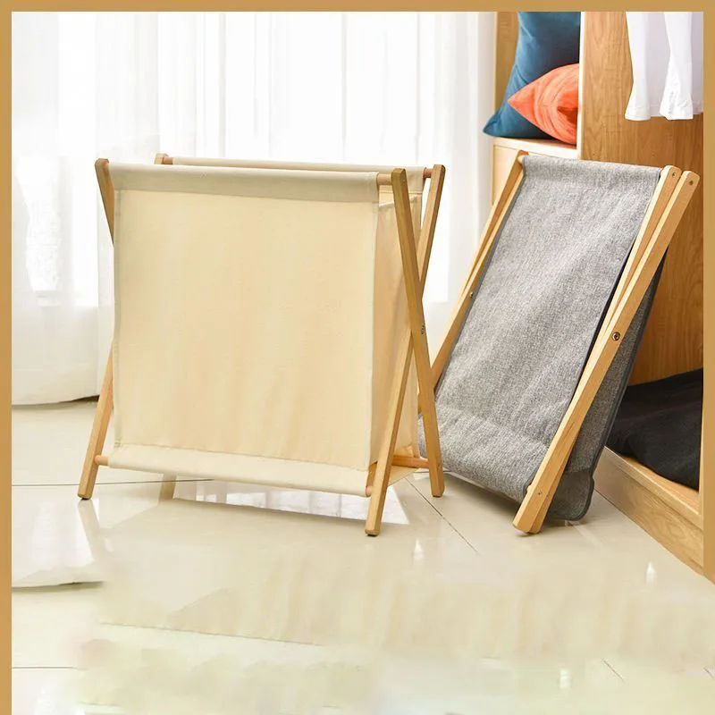 Wood Folding Laundry Basket Large Dirty Clothes Storage Bucket Home Portable Laundry Snacks Toys Storage Bag Fabric Japan Style