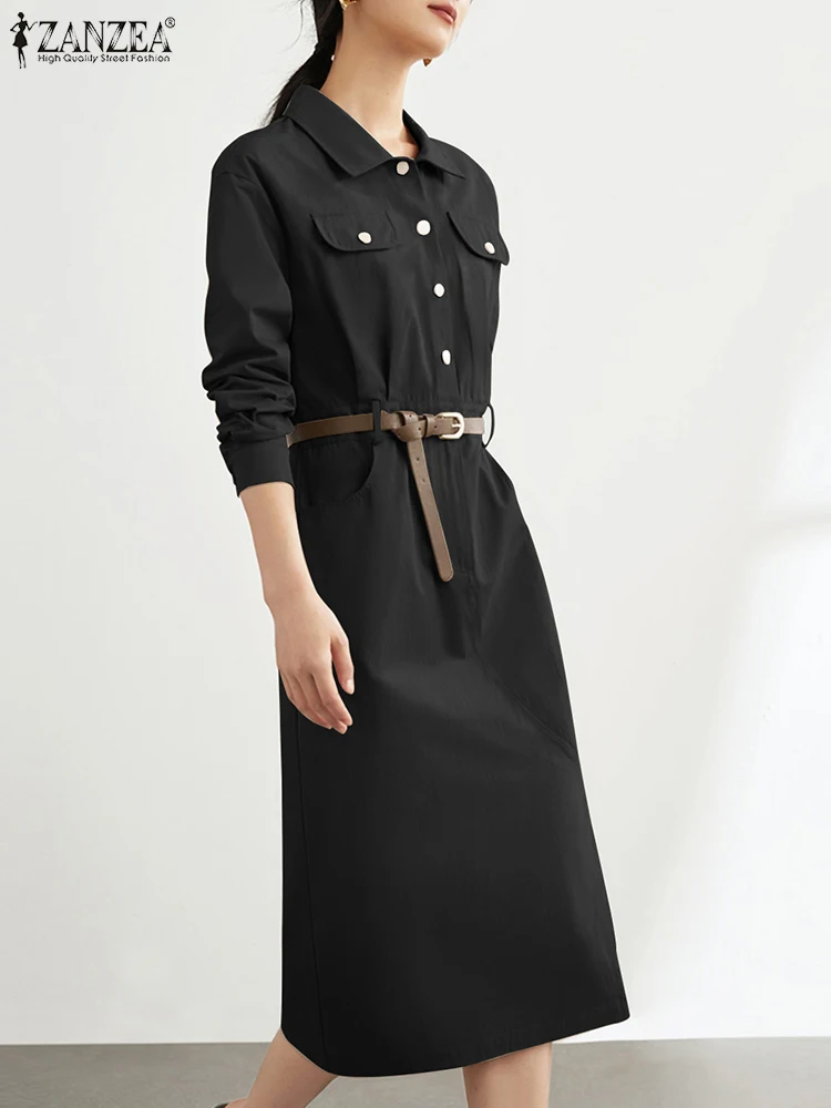 

ZANZEA 2024 Women Long Shirt Dress Summer Office Lapel Collar Robe Casual 3/4 Sleeve Midi Dresses Fashion Lady No Belted Vestido