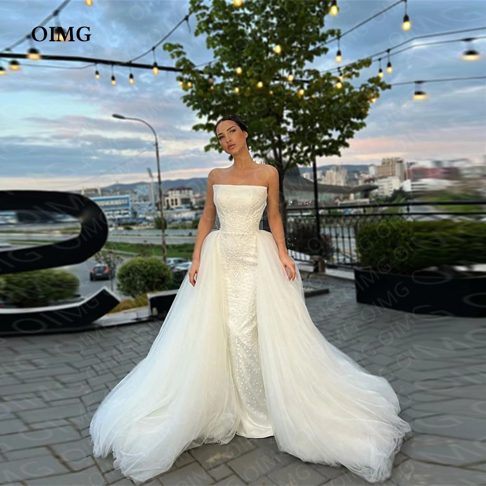 

OIMG Elegant Satin Flower Tulle Lace Boho Wedding Dresses Court Long Strapless Country Princess Bridal Gowns Zipper/Lace Up Back