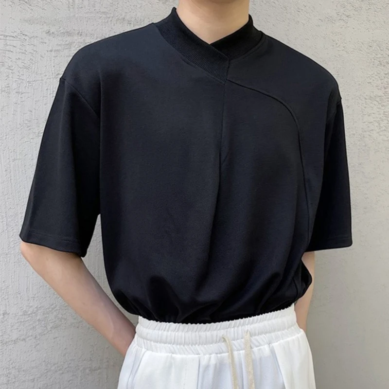 Summer Harajuku New Round Neck Short Sleeve Men Oversized Clothes Plain Fashion Tops Bright Line Decoration Patchwork Streetwear