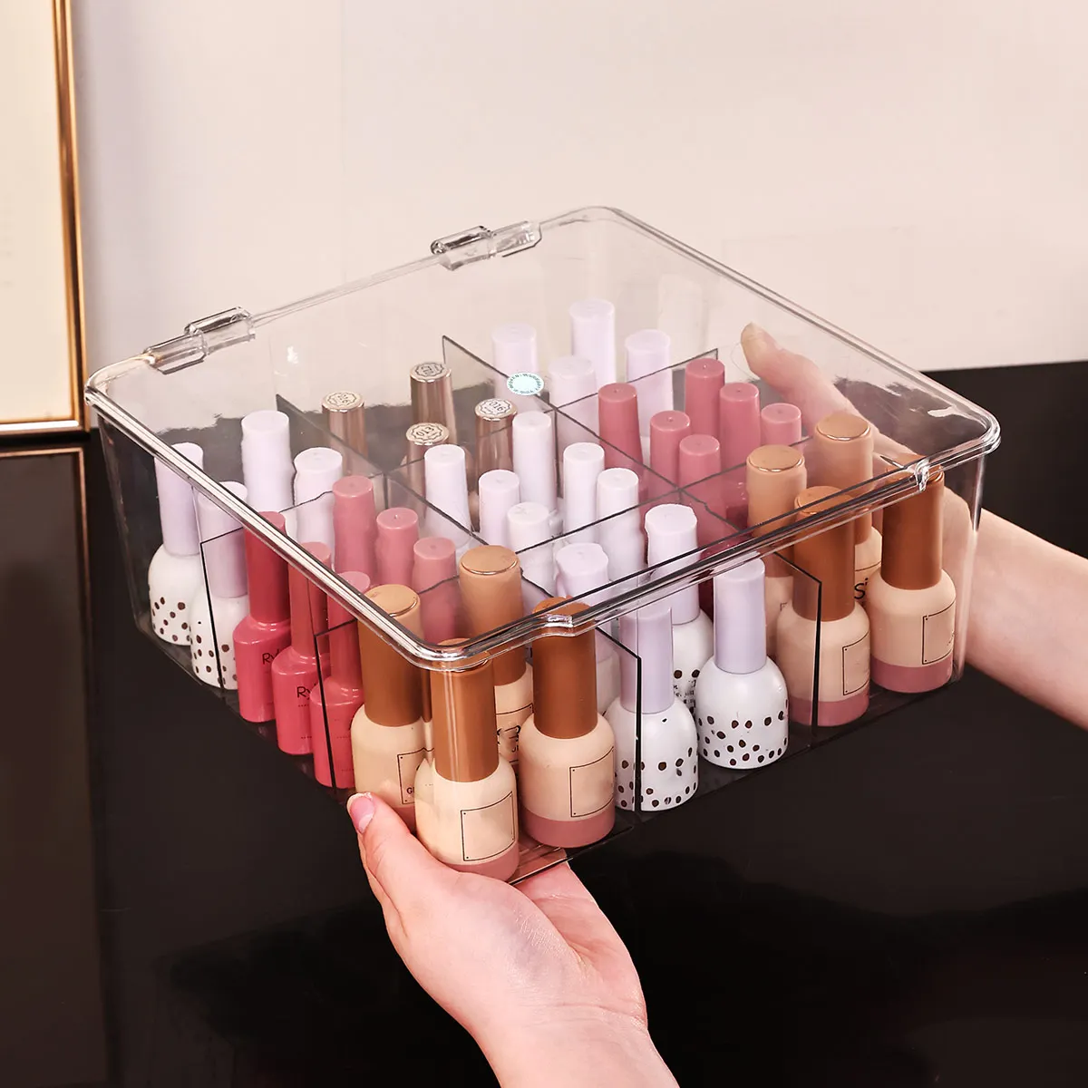 Transparente Aufbewahrungsbox für Nagellack – Klappdeckel, geeignet für Lippenstift, Parfüm, Essenz, großes Fassungsvermögen für 9 Fächer_voghion.com
