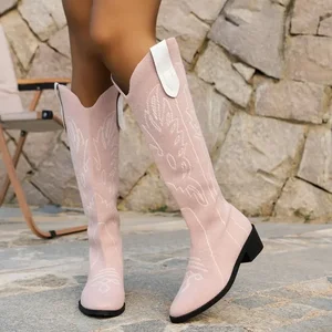 2023 Women's Shoes Knitted Women's Boots Elegant Knee-High Boots Women Embroidery Slip-on Pointed Toe Square Heel Shoes Female