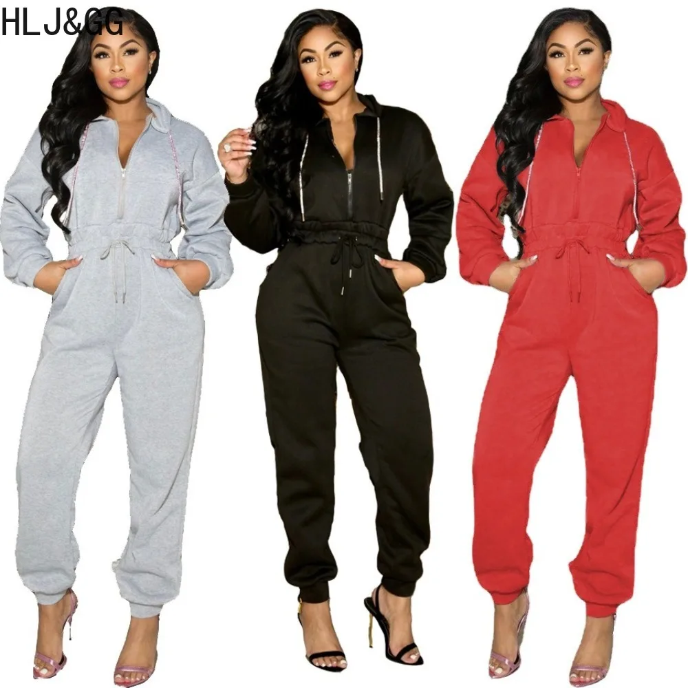 HLJ&GG Casual Solid Hooded Jogger Pants Jumpsuits Women V Neck Zip Long Sleeve Pocket Playsuits Female Sporty One Piece Overalls
