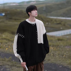 Fashion O-Neck Spliced Loose Color Sweaters Men's Clothing 2023 Autumn Winter Oversized Knitted Casual Pullovers All-match Tops