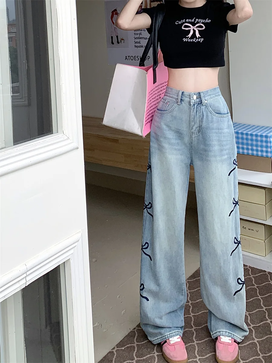 

Женские джинсы с вышивкой Slergiri в американском стиле с бантом, новинка 2024, y2k, винтажные прямые мешковатые брюки с завышенной талией и широкими штанинами