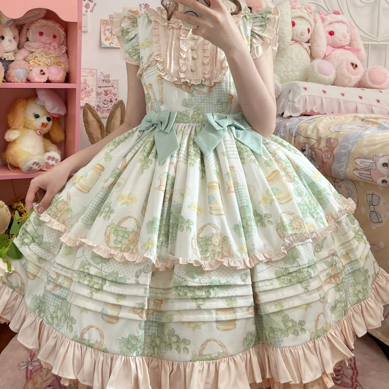 Lolita Dress Lolita Cosplay Costumes Japanese Kawaii Lolita Jsk Dress Women Victorian Retro Ruffle Grape Print Bandage Bow Trailing Princess Dresses Party Mini Dress