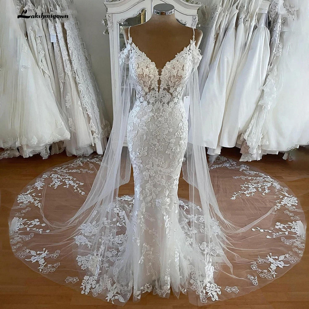 LakshmigownMermaidLaceIvoryWeddingDresswithCapeSpaghettiStraps