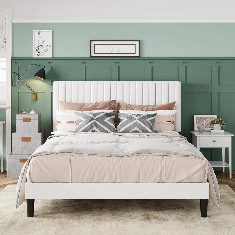 

Allewie Queen Bed Frame, Velvet Upholstered Platform Bed with Adjustable Vertical Channel Tufted Headboard, Mattress Foundation