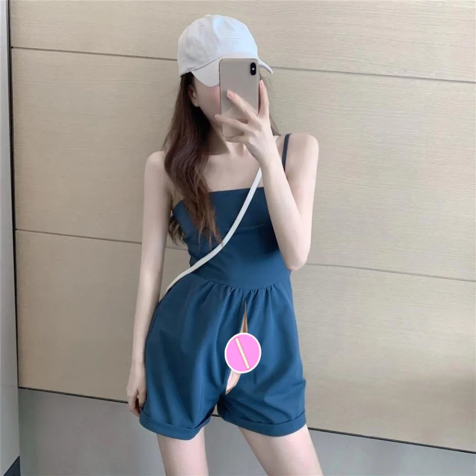2022 Suspender One-piece Stealth Open Fork Pants Women's Summer Thin High Waist Straight Tube Loose Casual Short Jumpsuits Women