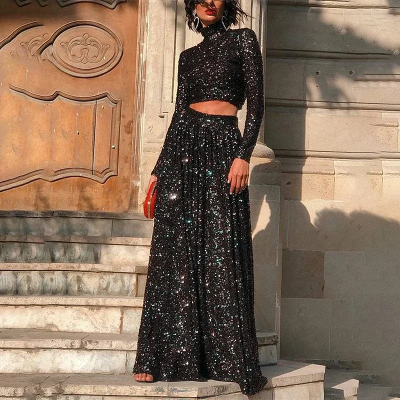 

Women's Turtleneck Long Sleeved Top and Skirt Suits Fall Elegant Solid Pleated Outfits New Year Fashion Shiny Sequin Banquet Set