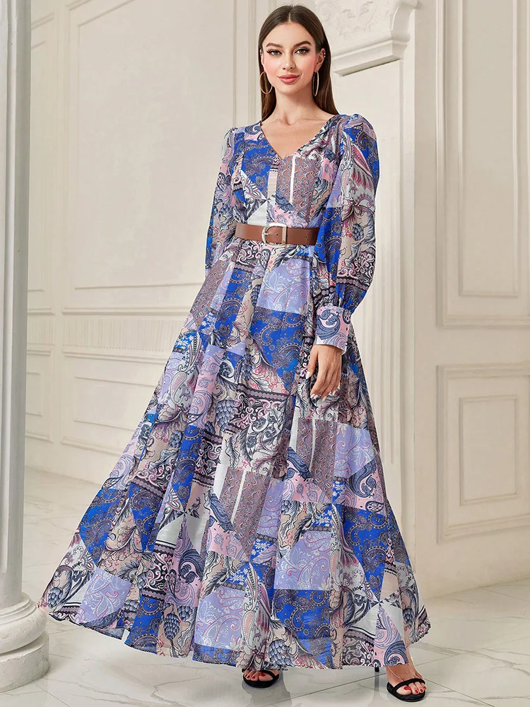 

TOLEEN Summer Women Long Dresses 2024 New Fashion Patchwork Print Lantern Sleeve Bohemian Holiday Casual Elegant Dress With Belt
