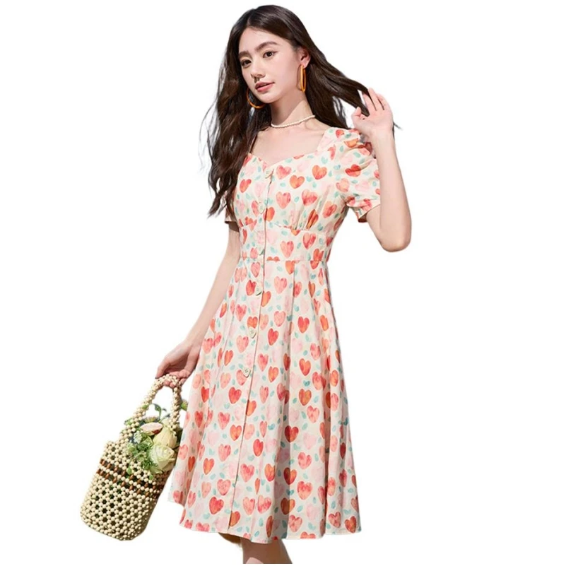 

Summer Cotton V-Neck Girlish Lovely Heart Print Long Dress Puff Sleeve Sheath A-Line Breathable Mori Girl Style Elegant Vestidos