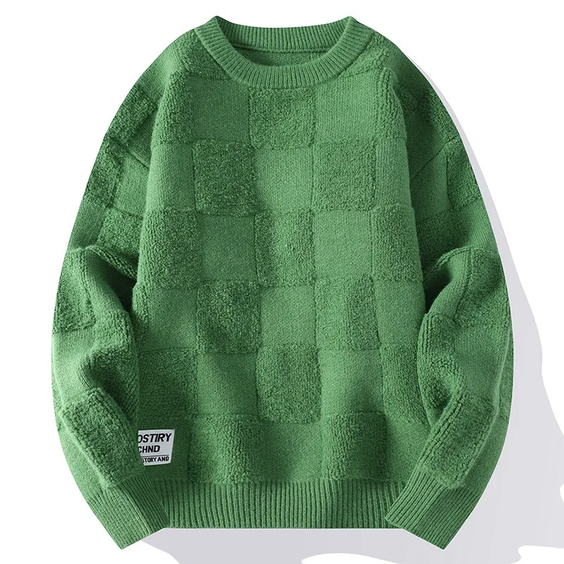 New American Style Towel Check Design Fashion Sweater Coat Men's Fall Winter Casual Loose Pullover Unisex Sweater Streetwear