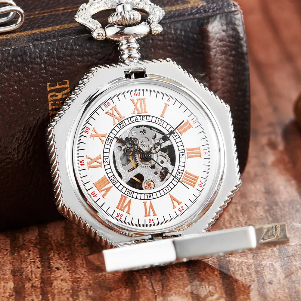 Vintage Sliver Mechanical Pocket Watch For Man Women Clock Unique Octagon Hollow Skeleton Gear Dial FOB Chain Steampunk Watches