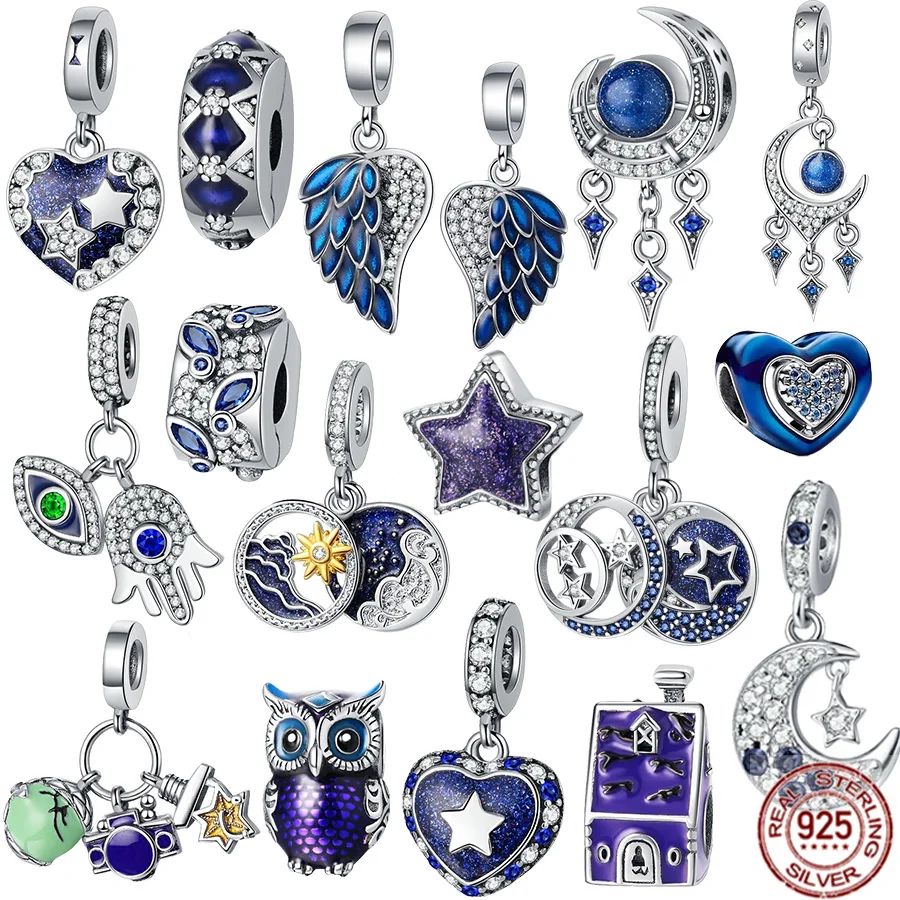 

New Angel Wings，Sparkling Star & Crescent Moon Dangle Blue Series Charm Bead Fit Original Pandora Bracelet Silver 925 Jewelry