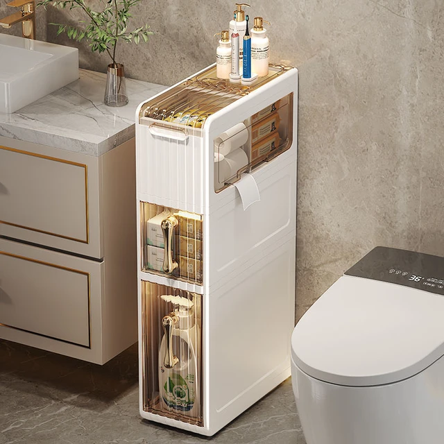 Small Bathroom Storage Cabinet Freestanding Side Cabinet Crevice Shelf  Towel Organizer Holder with Clear Drawers and Casters for Toilet Paper