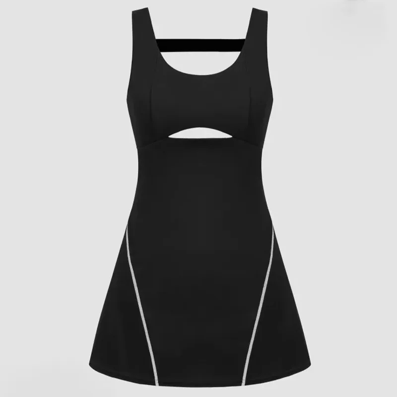 New Women's Breathable Solid Color Stitching U-neck Sleeveless Sport Dresses Women Dress with Shorts and Pocket Tennis Dress