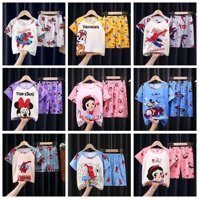 Summer Girl Short Sleeve Pajamas Set Cartoon Spiderman Mickey Minnie Sleepwear Baby Boy Homewear Children Clothing Kid Nightgown