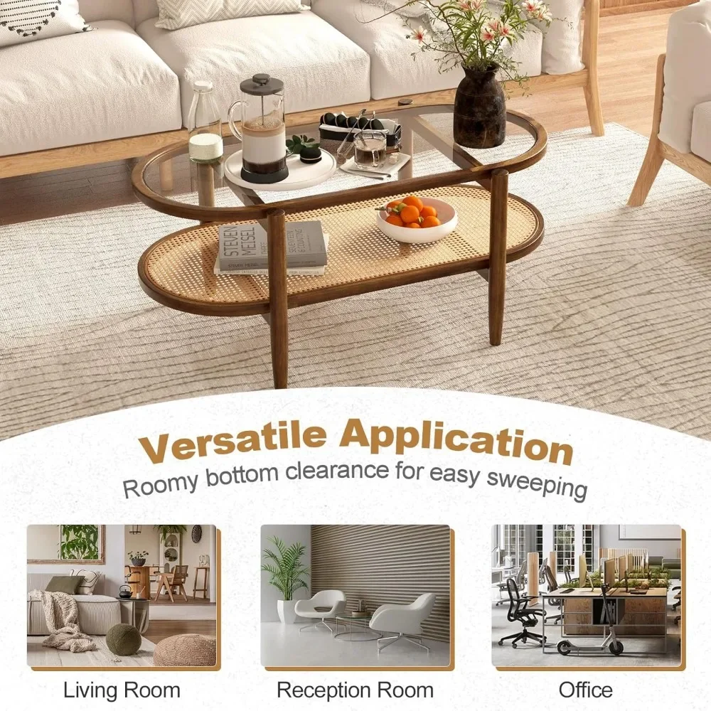 Rattan Coffee Table, 2-Tier Oval Wood Tea Tables W/Tempered Glass Tabletop & PE Rattan Storage Shelf, Boho Cocktail Tables 6