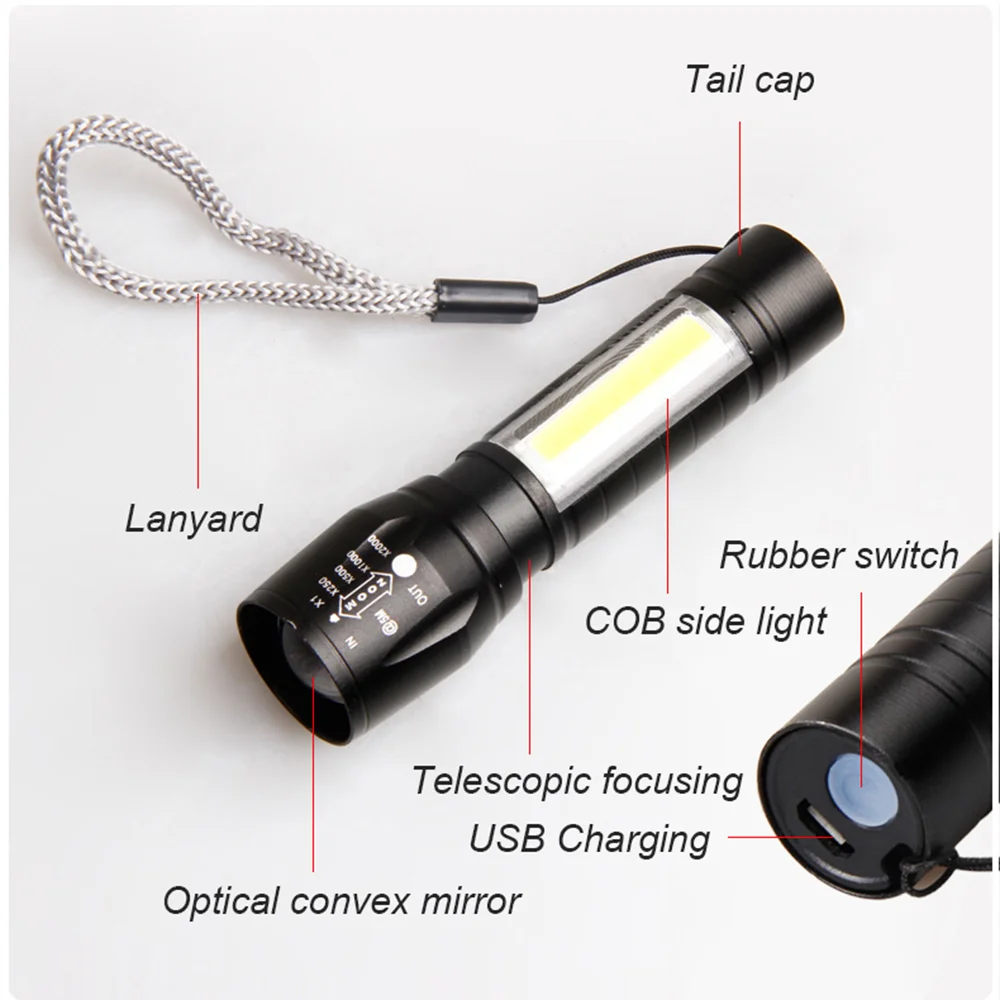 

Mini Strong Light 14500 Battery COB Telescopic Zoom Mountaineering Wild Fishing Night Running Riding Aluminum Alloy Flashlight