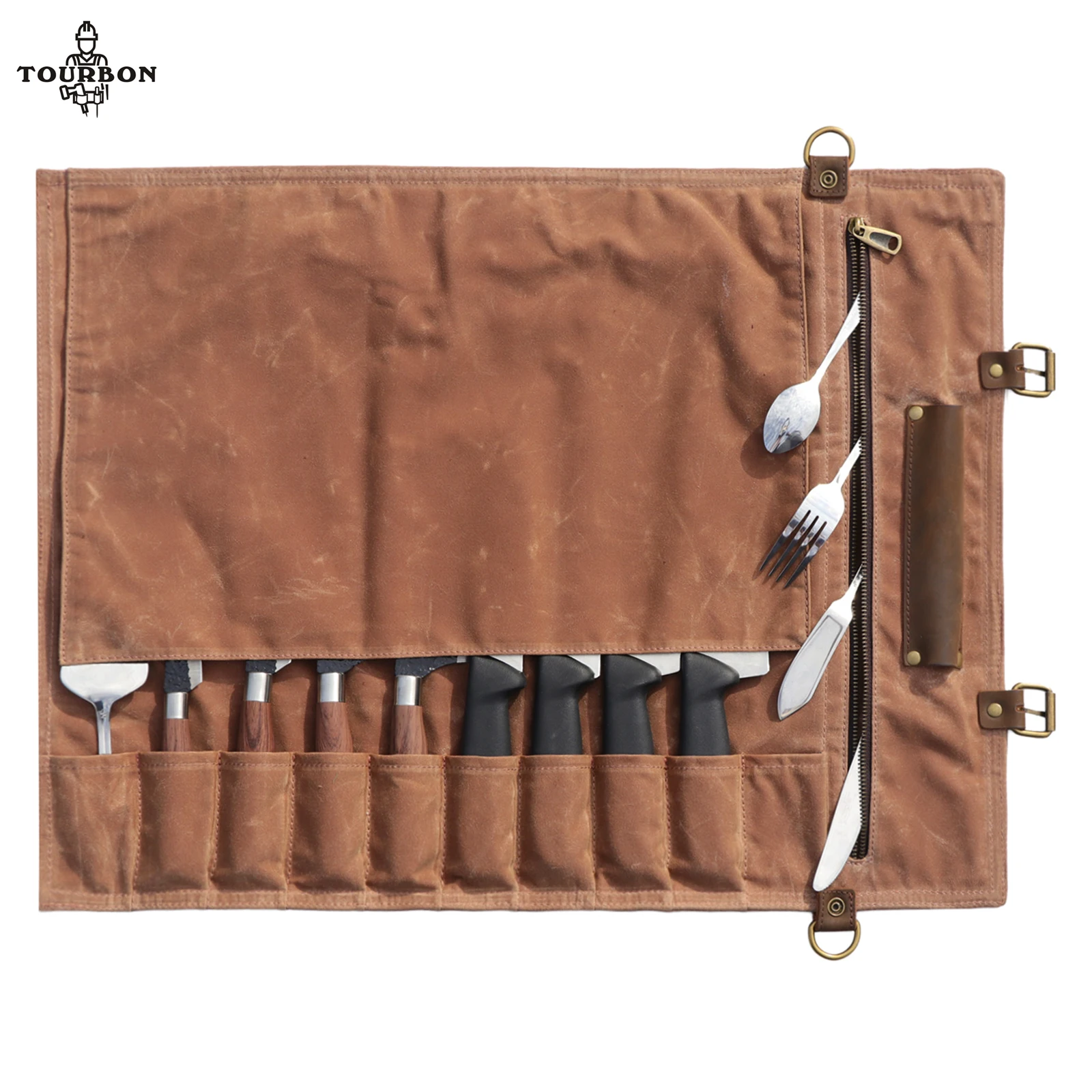 TourbonCanvasLeatherFoldingToolRollKnifeRollStorageBag10