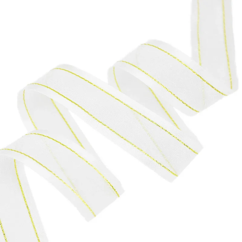 (10 Yards/lot) 25mm White Broadside Gold Edge Organza Ribbon Wholesale Gift Wrapping Decoration Ribbons