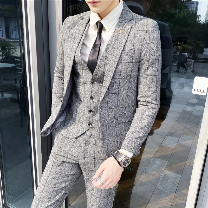 Striped Plaid 3-Piece Suit Set Fashion Business Handsome Wedding Groom Dress British Style with Vest & Trousers