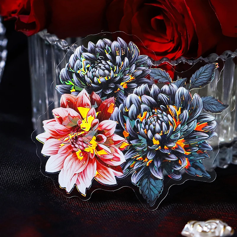 10 Pcs 애완 동물 빨간색 검은 꽃 스티커 장식 자연 식물 스티커 DIY 일기 앨범 스크랩북 재료 정크 저널 용품