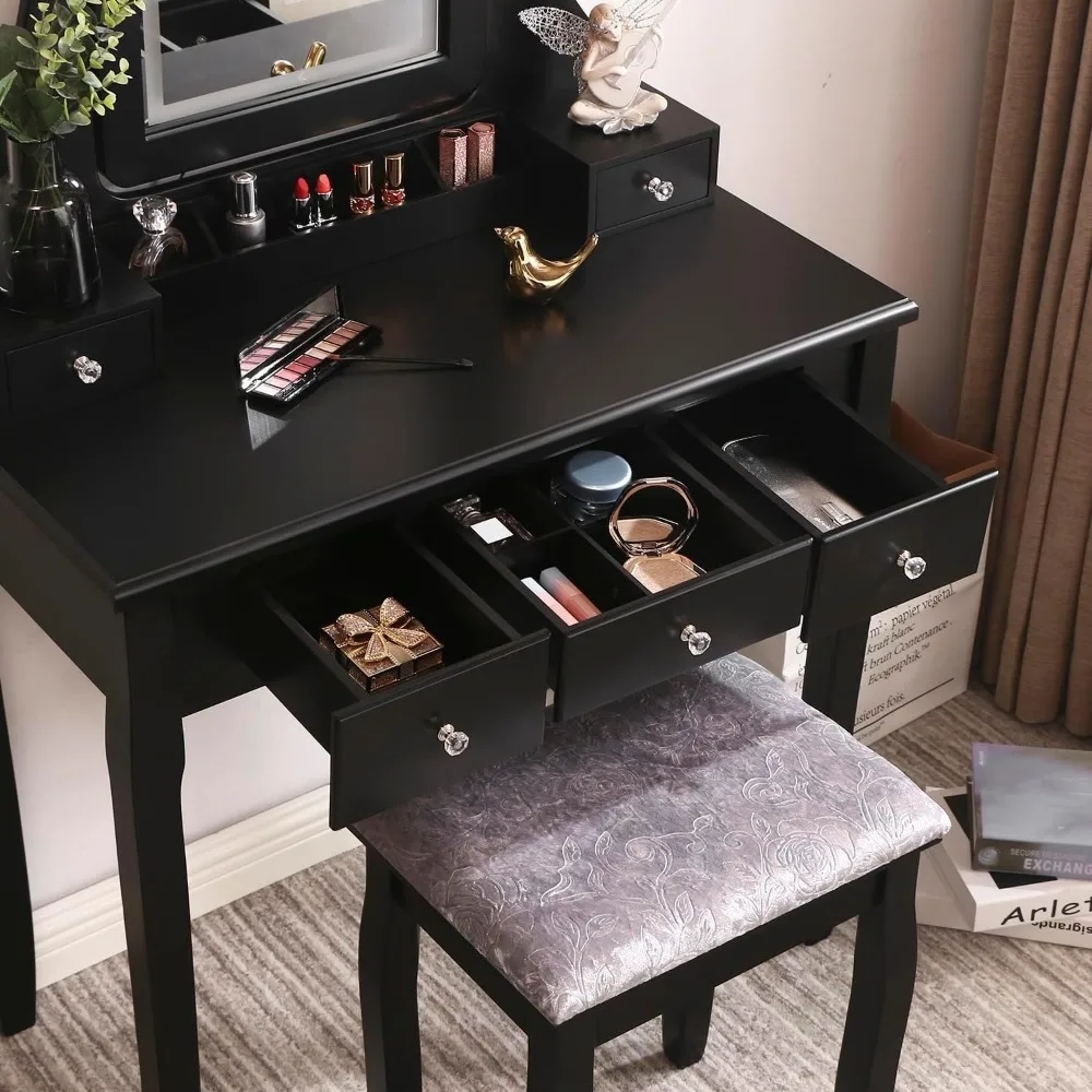 Vanity Set with Lighted Mirror Dimming, Touch Screen Switch & Cushioned Stool Dressing Table Makeup Vanity Makeup Table 4